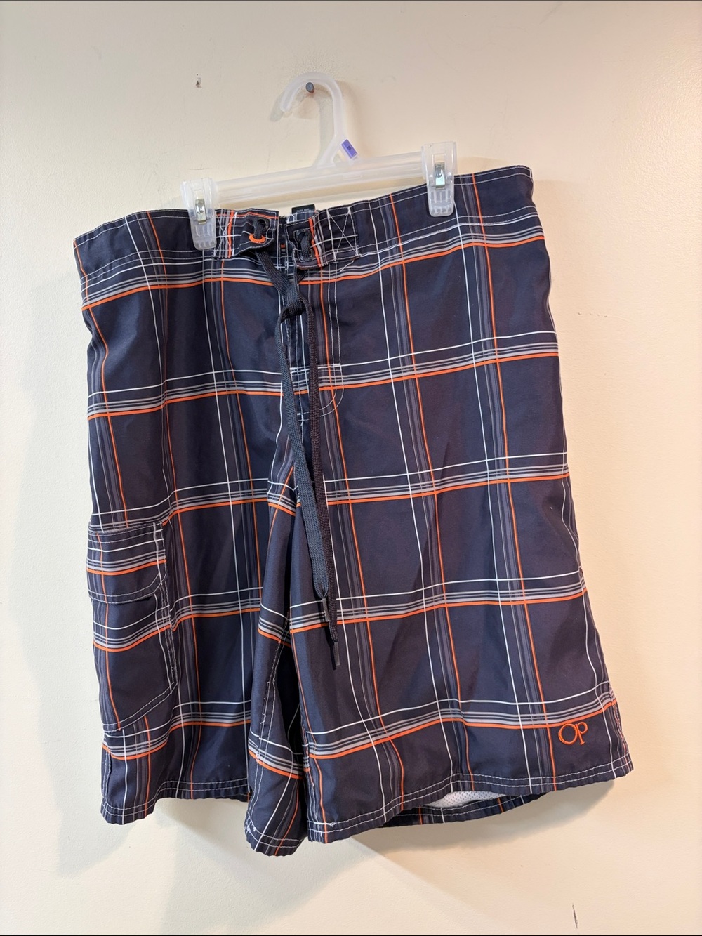 OP Navy Plaid Swim Board Shorts with Orange and White Accents